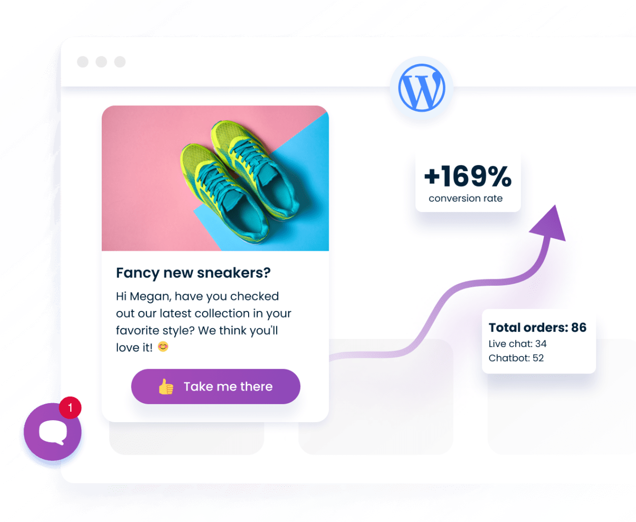 Smartsupp dashboard combined with live chat box offering sneakers on WordPress store