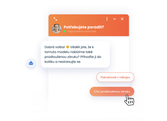 Smartsupp chatbot nabízející doplňkové produkty nebo související nabídky.