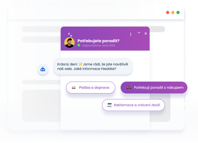 Smartsupp live chat s jednoduchým FAQ chatbotem, který se ptá s čím potřebujete pomoci. 