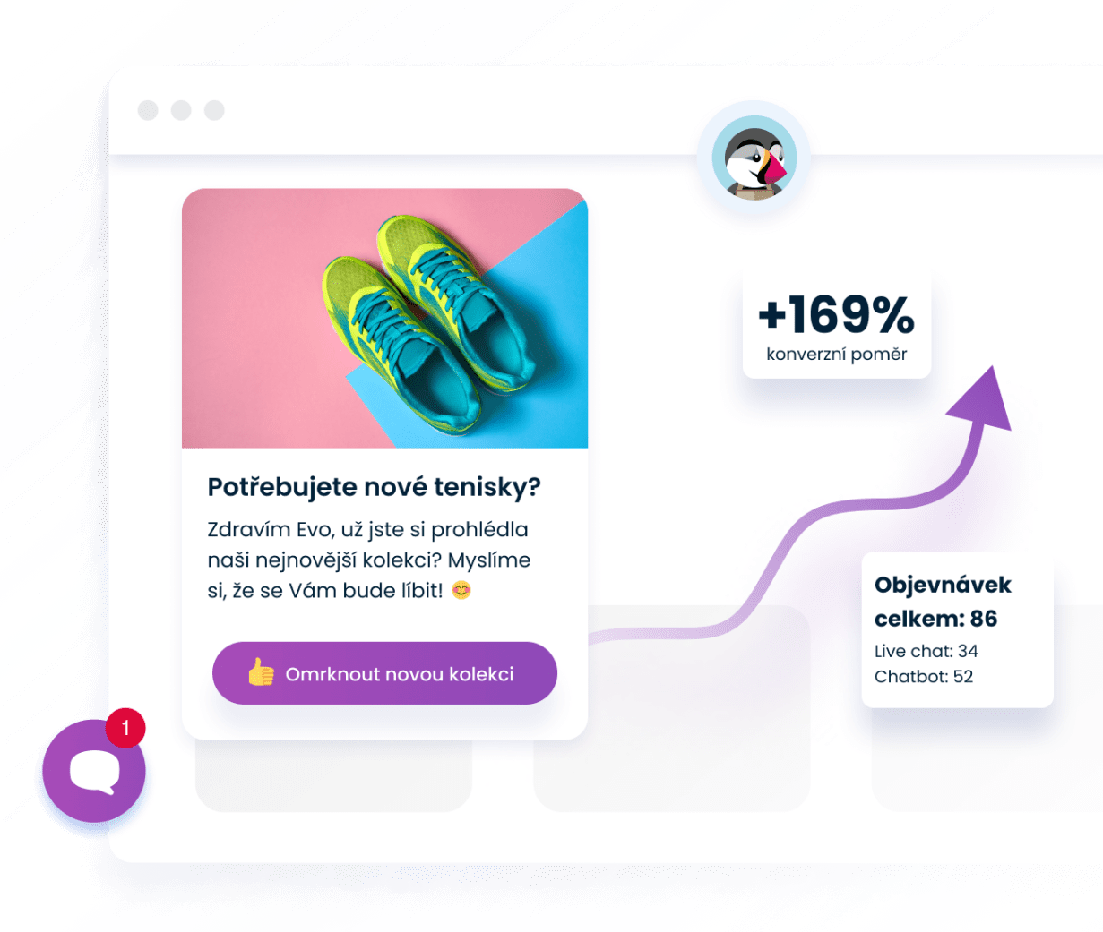 Smartsupp dashboard v kombinaci s chat boxem na webových stránkách PrestaShop, kde se nachází personalizovaná nabídka tenisek.