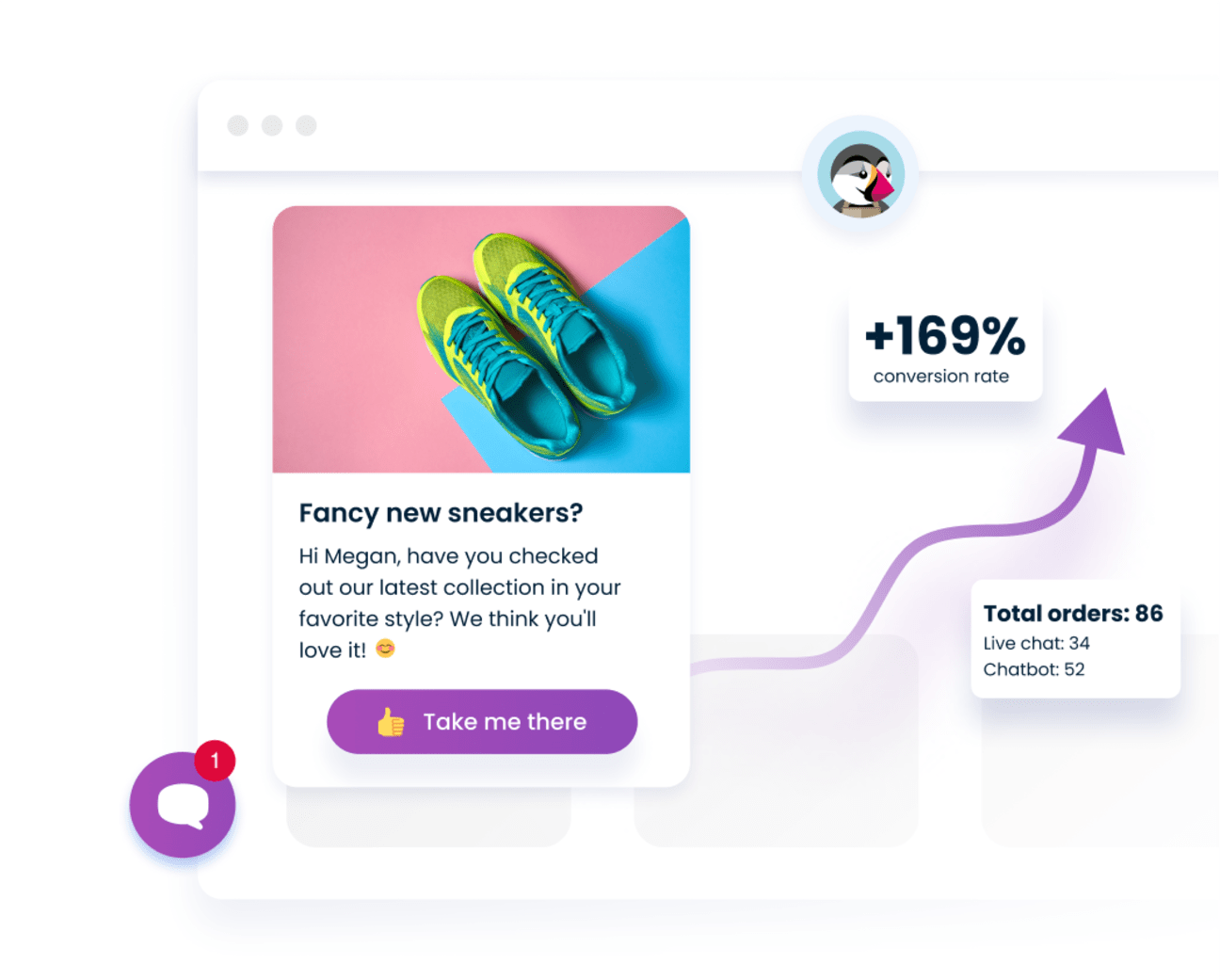 Smartsupp dashboard combined with live chat box offering sneakers on PrestaShop website.