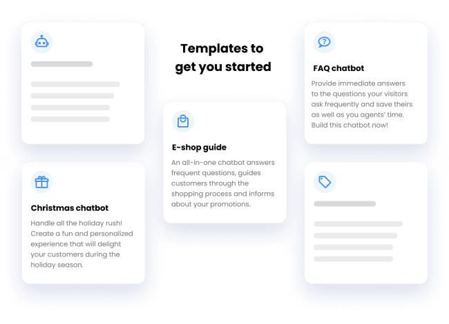 Příklady předpřipravených šablon chatbotů - chatbot FAQ, chatbot pro e-shopy a vánoční chatbot.