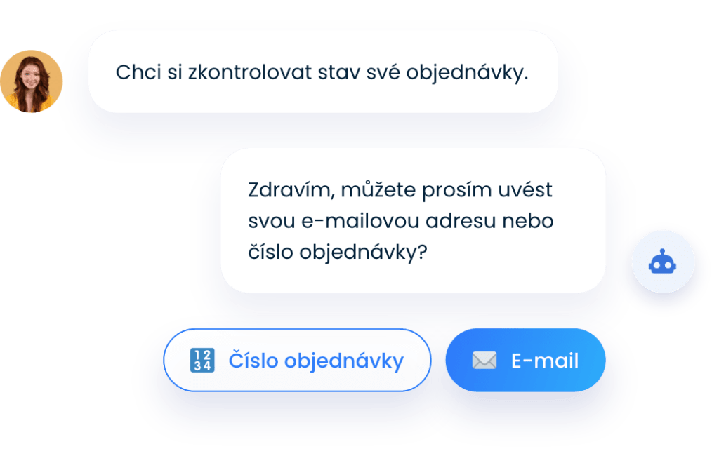 Žena, která chce znát stav své objednávky, a chatbot, který ji žádá o e-mailovou adresu nebo telefonní číslo