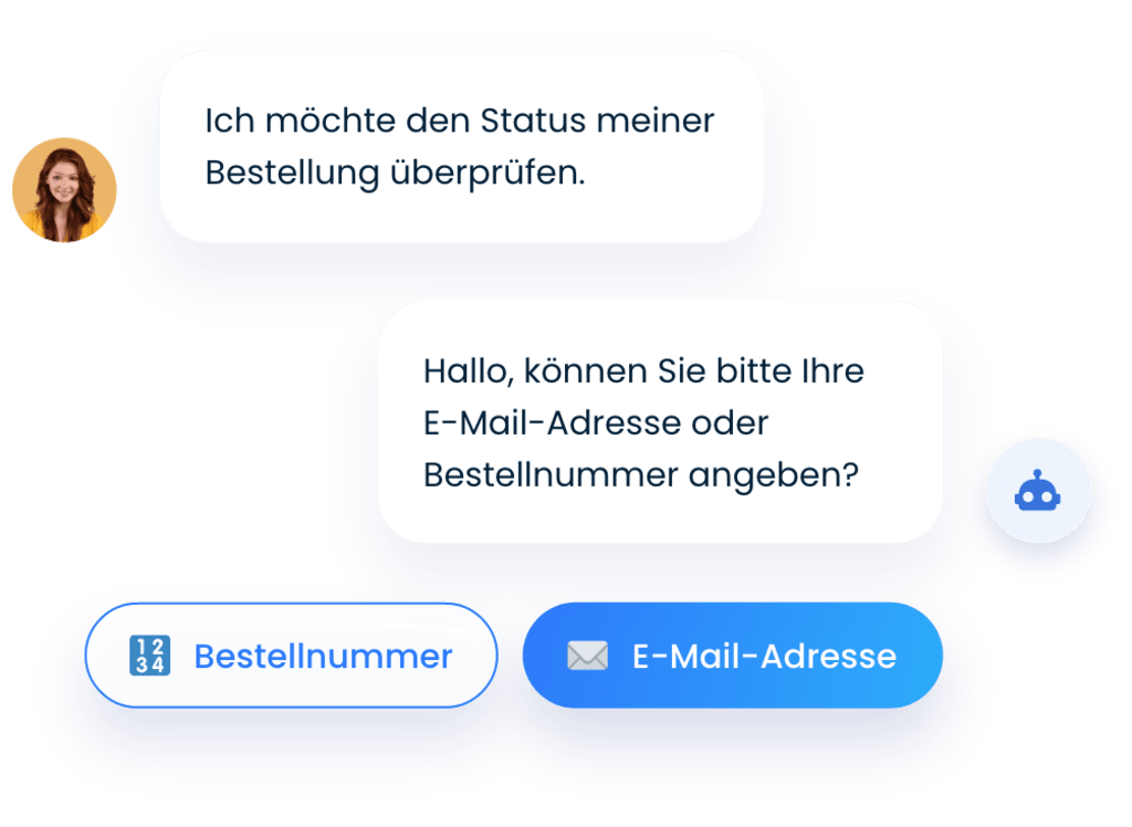 Frau, die den Status ihrer Bestellung wissen möchte, und ein Chatbot, der sie nach einer E-Mail-Adresse oder einer Telefonnummer fragt