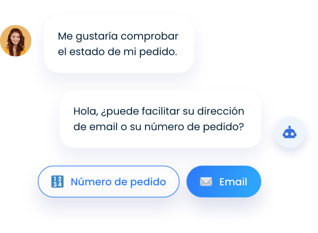 Mujer que quiere saber el estado de su pedido y un chatbot que le pide una dirección de correo electrónico o un número de teléfono