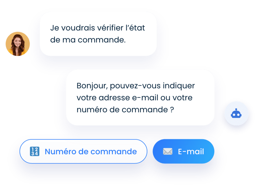 Une femme souhaitant connaître l'état de sa commande et un chatbot qui lui demande une adresse électronique ou un numéro de téléphone