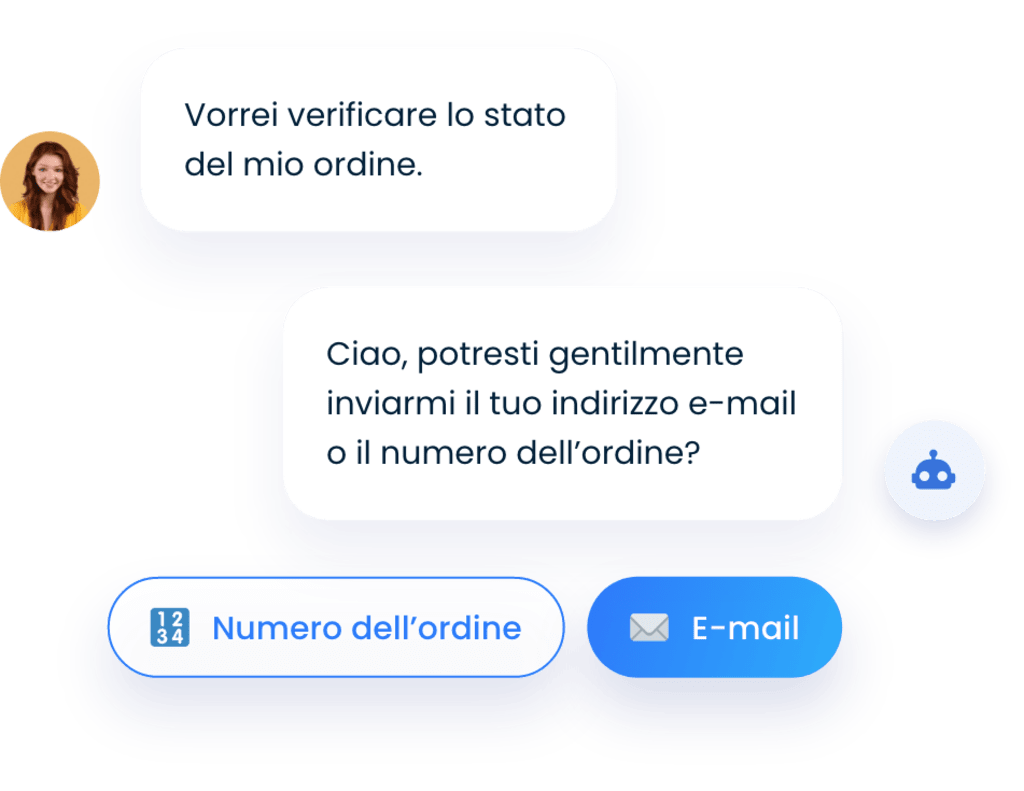 Donna che vuole conoscere lo stato del suo ordine e un chatbot che le chiede un indirizzo email o un numero di telefono