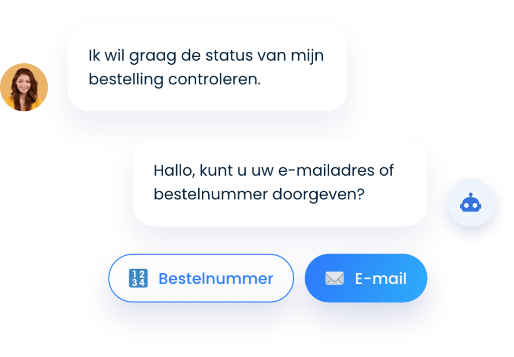 Vrouw die de status van haar bestelling wil weten en een chatbot die haar om een e-mailadres of telefoonnummer vraagt