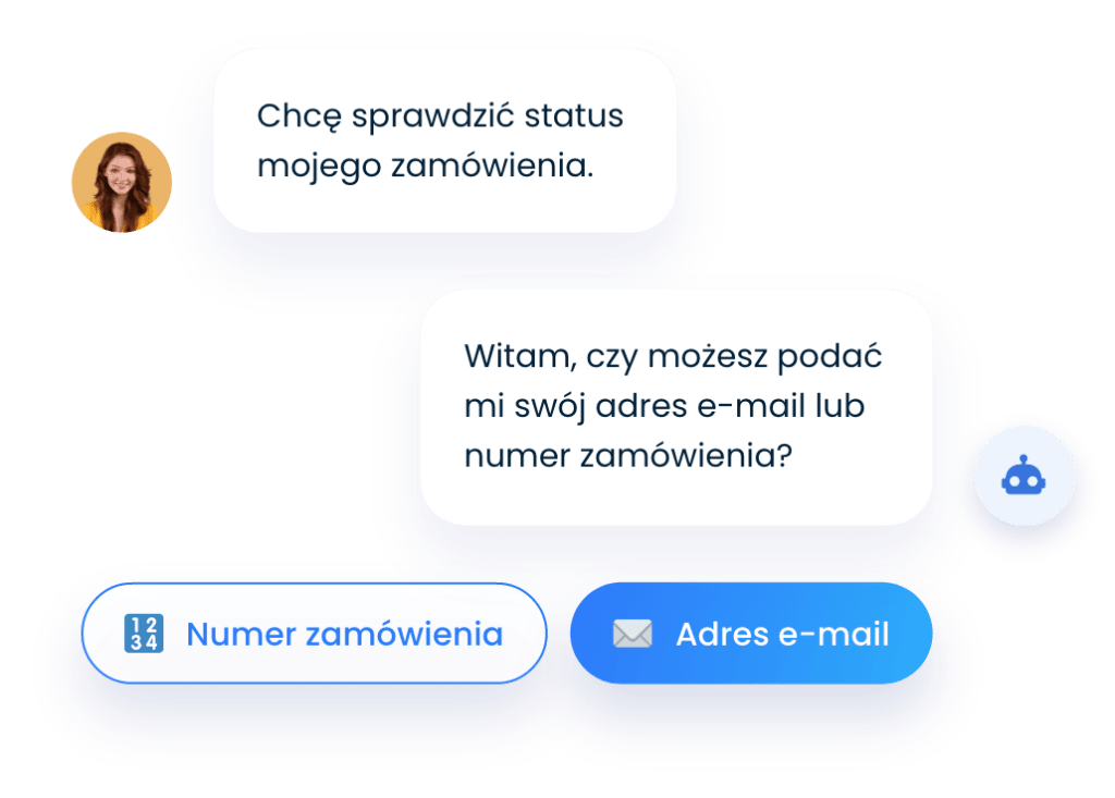 Kobieta, które chce poznać status swojego zamówienia i chatbot, który prosi ją o podanie adresu email lub numeru telefonu