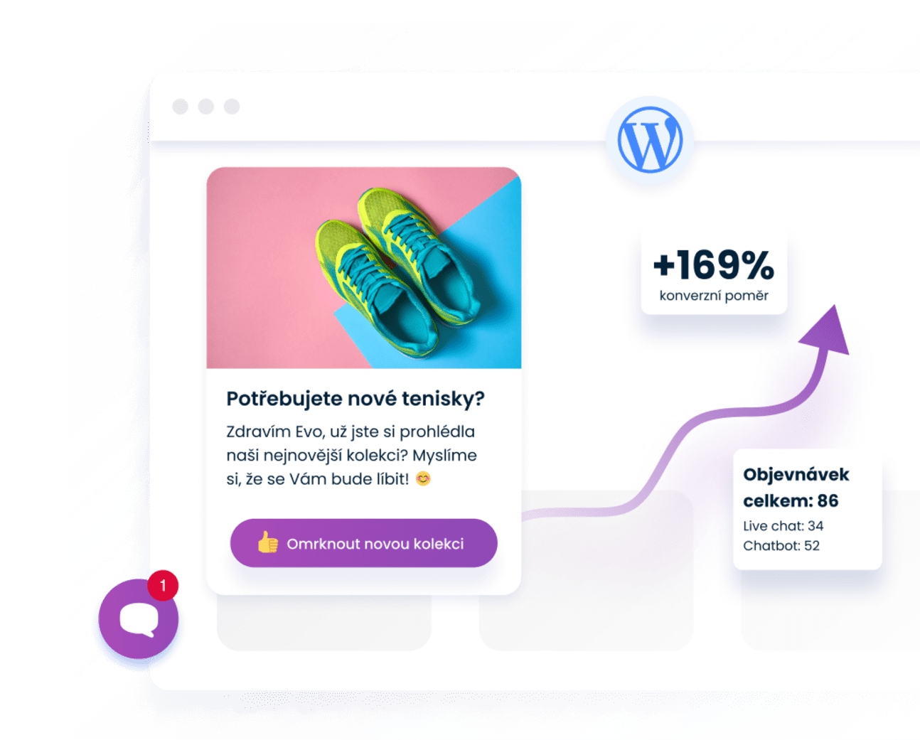 Smartsupp dashboard v kombinaci s chat boxem na webových stránkách WordPress, kde se nachází personalizovaná nabídka tenisek 